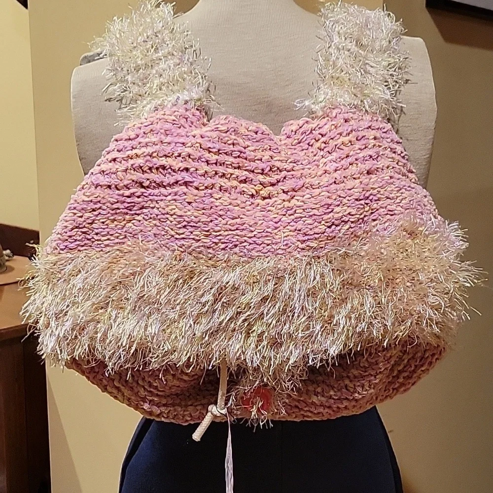 Hand knitted backpack with eyelash and velvety yarns - Handmade